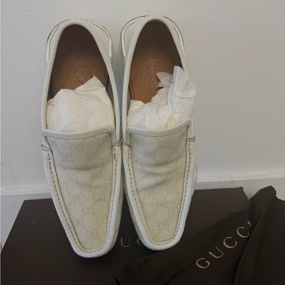 GUCCI Loafers Leather Moccasins Shoes GG Monogram Leather Logo White sizeUS8 1/2